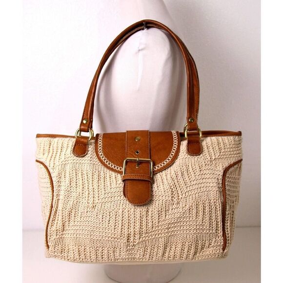 LRG BONFANTI NATURAL KNIT COTTON BROWN GENUINE LEATHER SHOULDER BAG HANDBAG HOBO - Picture 2 of 12